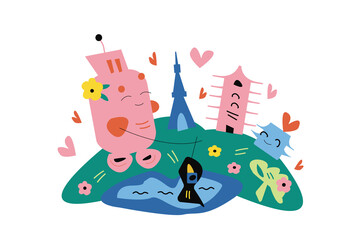 Tokyo cartoon illustration. Modern style Tokyo city illustration. Japan holiday travel flat drawing. Hand sketched poster, banner, postcard, card template for travel company, T-shirt, shirt. Vector