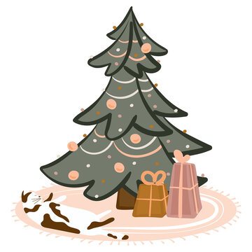 Isolated vector illustration of a Christmas tree with gifts for the New Year and a cat under the fir