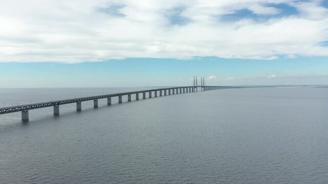Oresund bridge connecting Malmo and Copenhagen, aerial view