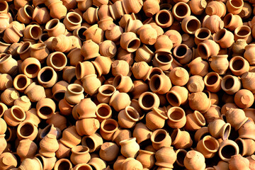 Eco friendly clay pots, earthenware, Pottery background.