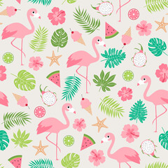 Cute flamingo, hibiscus, fruits, ice cream and tropical leaf seamless pattern background.
