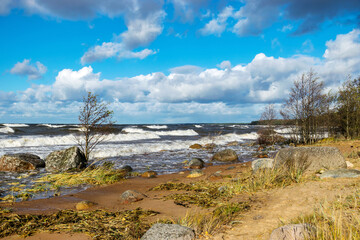 seascape with sea waves crashing on the shore and exploding, beautiful blue skies and white clouds over the sea, Vidzeme rocky seashore, Salacgriva rural area, Latvia