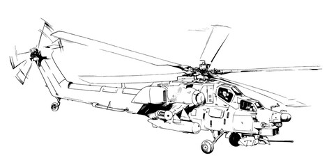 a large military helicopter with missiles and machine guns, attacking the target, a hand-drawn realistic sketch