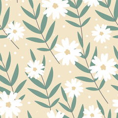 Fototapeta na wymiar Botanical floral seamless pattern. White flower and branch with leaves on pastel yellow background. Cute hand drawn decorative garden plant print. Square shape repeat pattern cartoon hand drawn vector