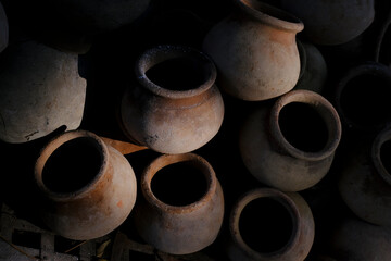 Eco friendly clay pots, earthenware, Pottery background.