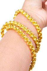 Close-up Gold bracelet on hand isolated on white background.
