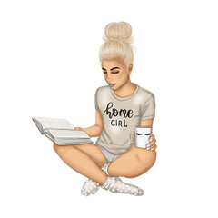 Blonde Girl With Book And Mug Isolated Hand Drawn Illustration	