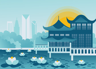 Fototapeta premium Modern style Shanghai city illustration. China holiday travel flat drawing. Shanghai flat illustration. Hand sketched poster, banner, postcard, card template for travel company, T-shirt, shirt. Vector