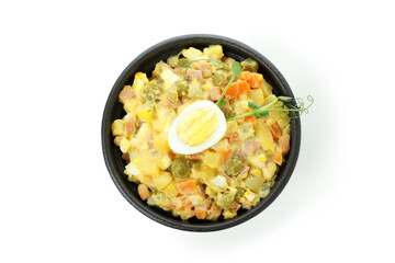 Bowl of Olivier salad isolated on white background