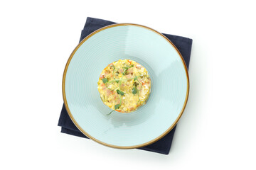 Plate of Olivier salad isolated on white background