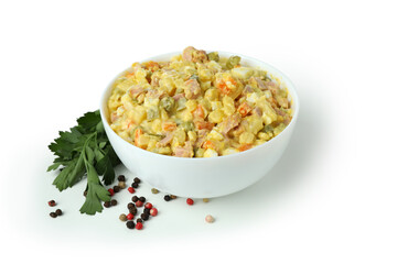 Bowl of Olivier salad isolated on white background