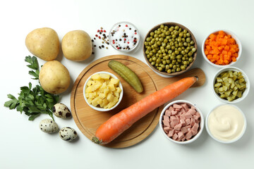 Ingredients for cooking Olivier salad on white background