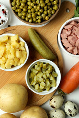 Ingredients for cooking Olivier salad on white background