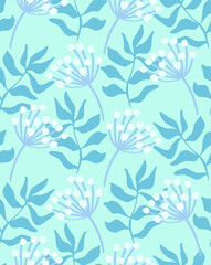 Fototapeta premium Abstract Hand Drawing Simple Tropical Exotic Leaves with Chrysanthemum Flowers Seamless Vector Pattern Isolated Background 