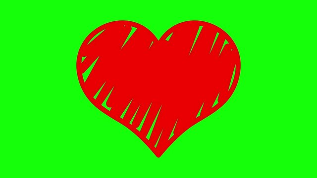 Motion graphic shape animation of painting a red hand-drawn heart on a green chroma key background. heartbeat