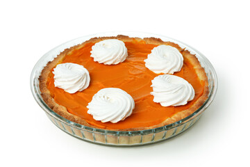 Pumpkin pie isolated on white background, close up