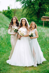 Obraz na płótnie Canvas Luxury bride with bridesmaids pose in the park.