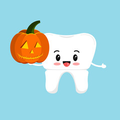 Cute tooth crown with carving orange pumpkin in hand isolated vector icon. White tooth iwith Halloween jack o lantern dental character. Flat design cartoon kawaii style illustration.