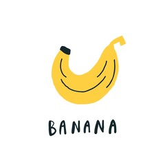 Simplified banana drawing, handwritten word. Vector illustration