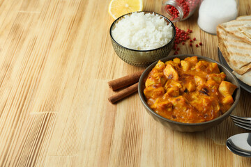 Concept of tasty food with chicken tikka on wooden background
