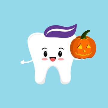 Cute tooth with orange pumpkin in hand isolated vector icon. White tooth iwith Halloween jack o lantern dental character for dentist halloween card. Flat design cartoon kawaii style illustration.