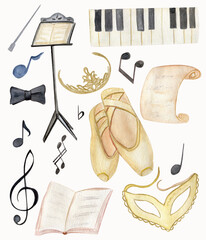 Watercolor picture on the theme of theater, sheet music, ballet