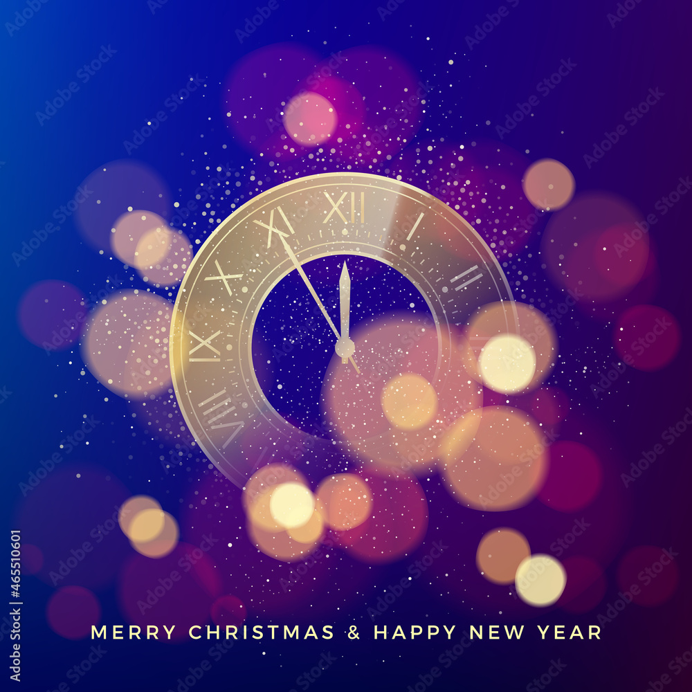 Poster golden clock dial on magic christmas glitter background with bokeh. vector