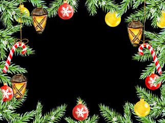 Fototapeta premium Christmas frame with spruce branch, balls, flashlight and candy cane isolated on black background for greeting card or invitation