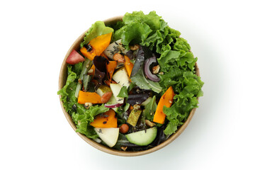 Cardboard bowl with pumpkin salad isolated on white background