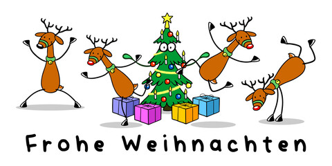 Frohe Weihnachten Motiv mit Rentieren um Weihnachtsbaum