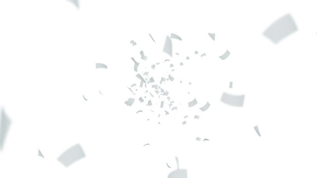 Many papers floating in air on white background. Business and education concept.  White confetti. 3D loop animation.