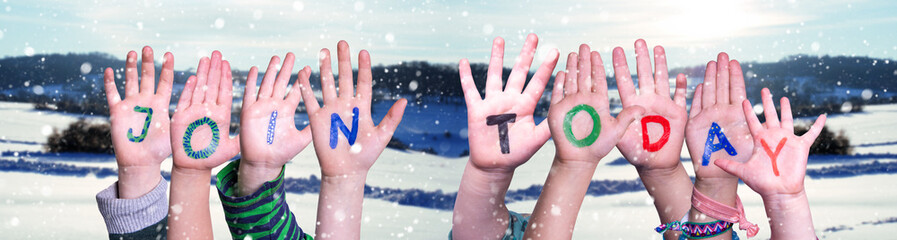 Children Hands Building Word Join Today, Snowy Winter Background