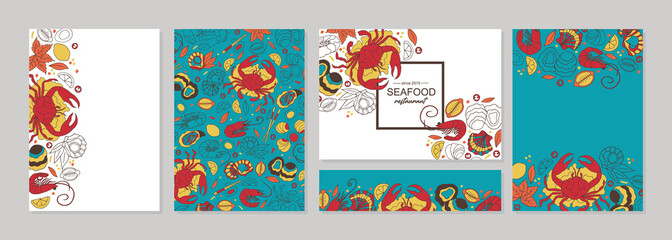 Seafood doodle restaurant menu with pattern. Hand sketched seafood fish and crab and shrimp and salmon, lobster, oyster. Poster, banner, postcard, menu for restaurant, cafe, bar
