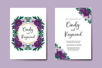 Modern Wedding invitation frame set, floral watercolor Digital hand drawn Purple Peony Flower design Invitation Card Template