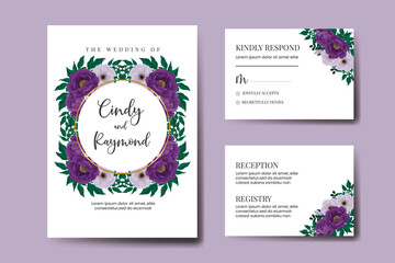 Fototapeta na wymiar Modern Wedding invitation frame set, floral watercolor Digital hand drawn Purple Peony Flower design Invitation Card Template