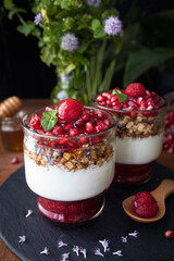 Yogurt parfait with red fruits. Dessert based on yogurt, raspberries and pomegranate. Healthy sweet dessert