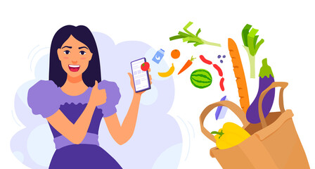 A girl order food online with a phone. Groceries delivery mobile app. Buying foodstuff from home. A vector cartoon illustration.