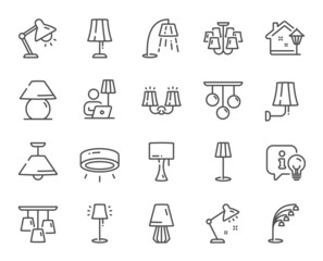 Lamps line icons. Spotlight led, Table Lamp and Floor Light. Modern chandelier, Electric light illuminate and Wall lamp icons. Lightbulb info, stand lamp and street light. Wall sconce. Vector