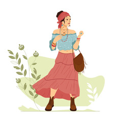 Fototapeta premium Girl in Boho Outfit. Boho chic, ethnic style, fashion trend. Modern illustration for fashion, beauty design and concept. Vector illustration in flat style