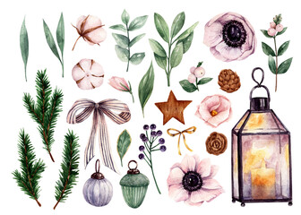 Watercolor clipart with winter flowers