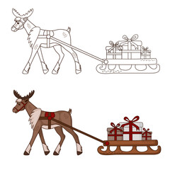 christmas sleigh with reindeer and gifts. coloring and color page
