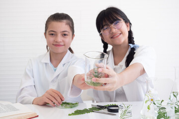 Selective focus. Two little children scientists showing a plant in beaker in laboratory. Early development and educational.