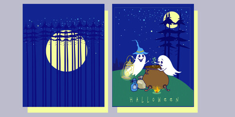 flyer with two fun halloween ghosts in a forest