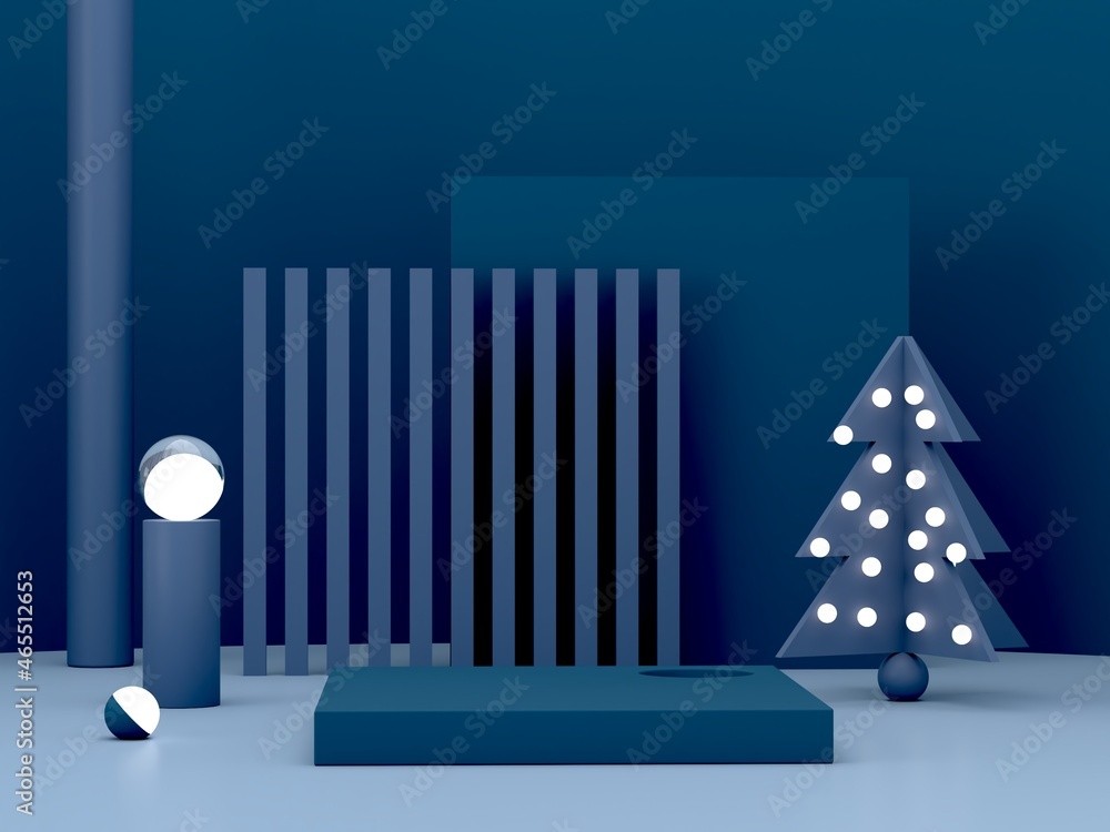 Poster minimal christmas scene with podium and tree on an abstract background. geometric shapes. blue color