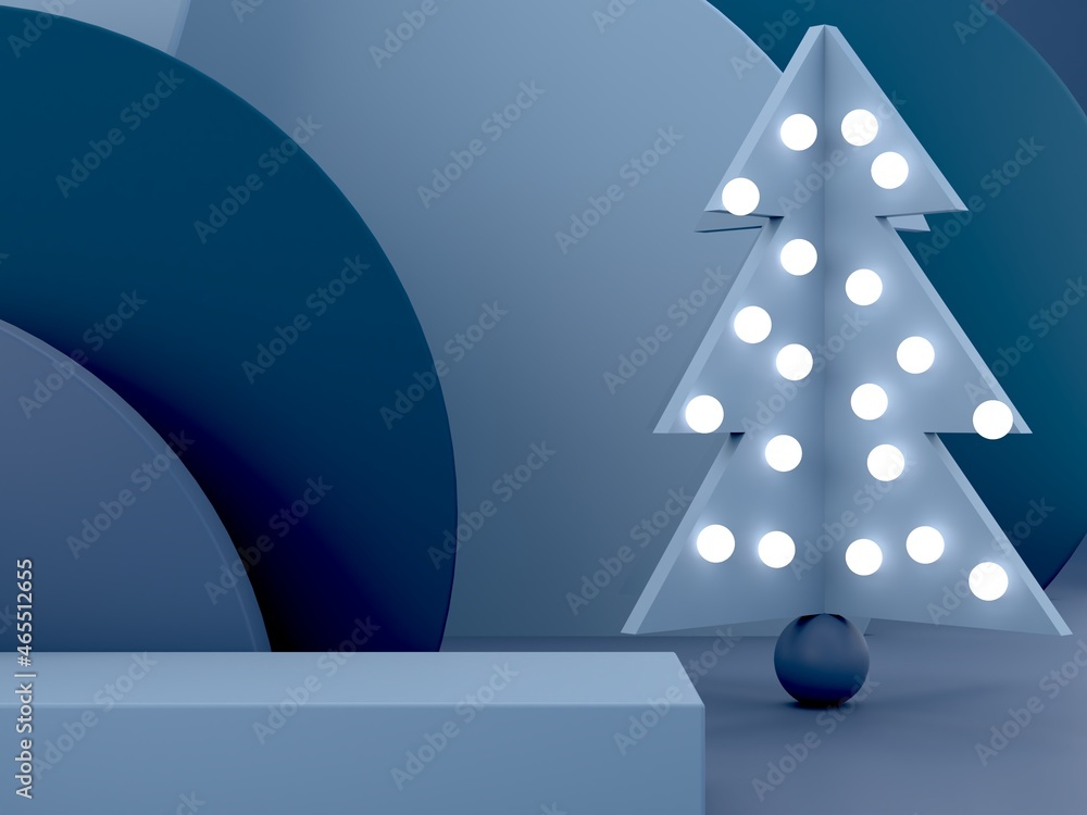 Poster minimal christmas scene with podium and tree on an abstract background. geometric shapes. blue color