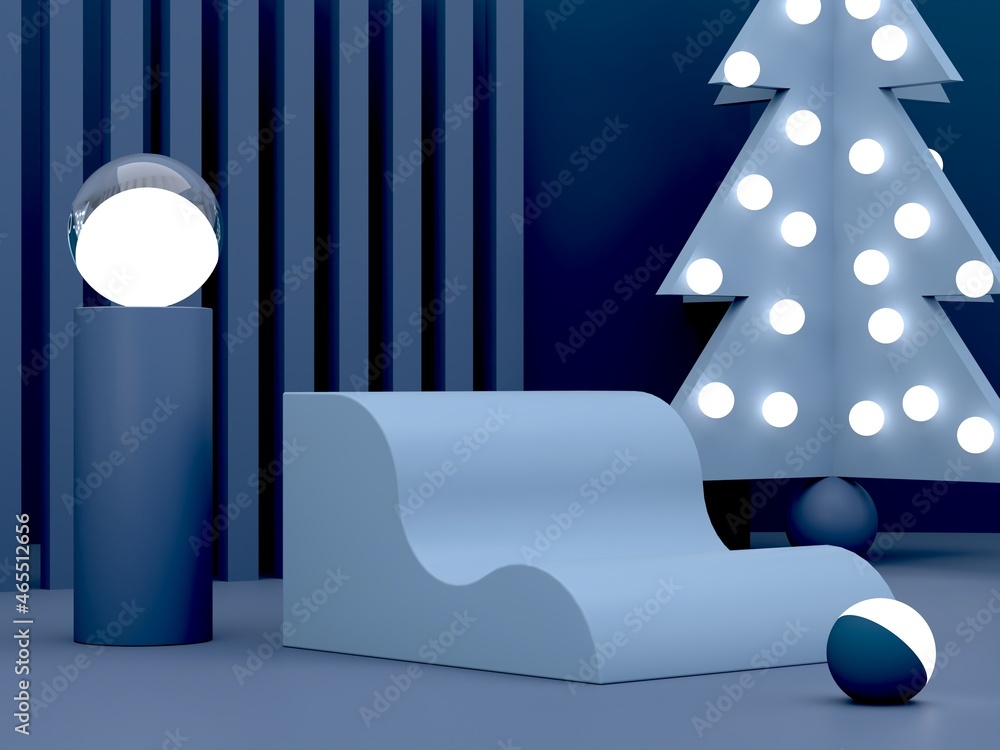 Poster minimal christmas scene with podium and tree on an abstract background. geometric shapes. blue color