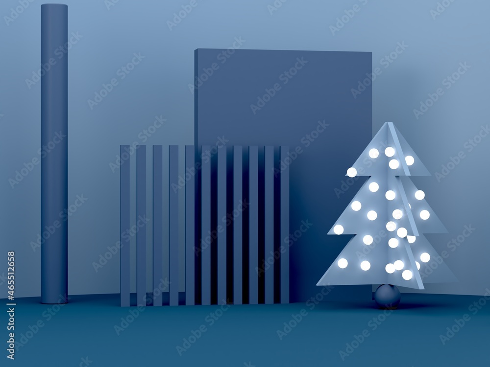 Poster minimal christmas scene with podium and tree on an abstract background. geometric shapes. blue color