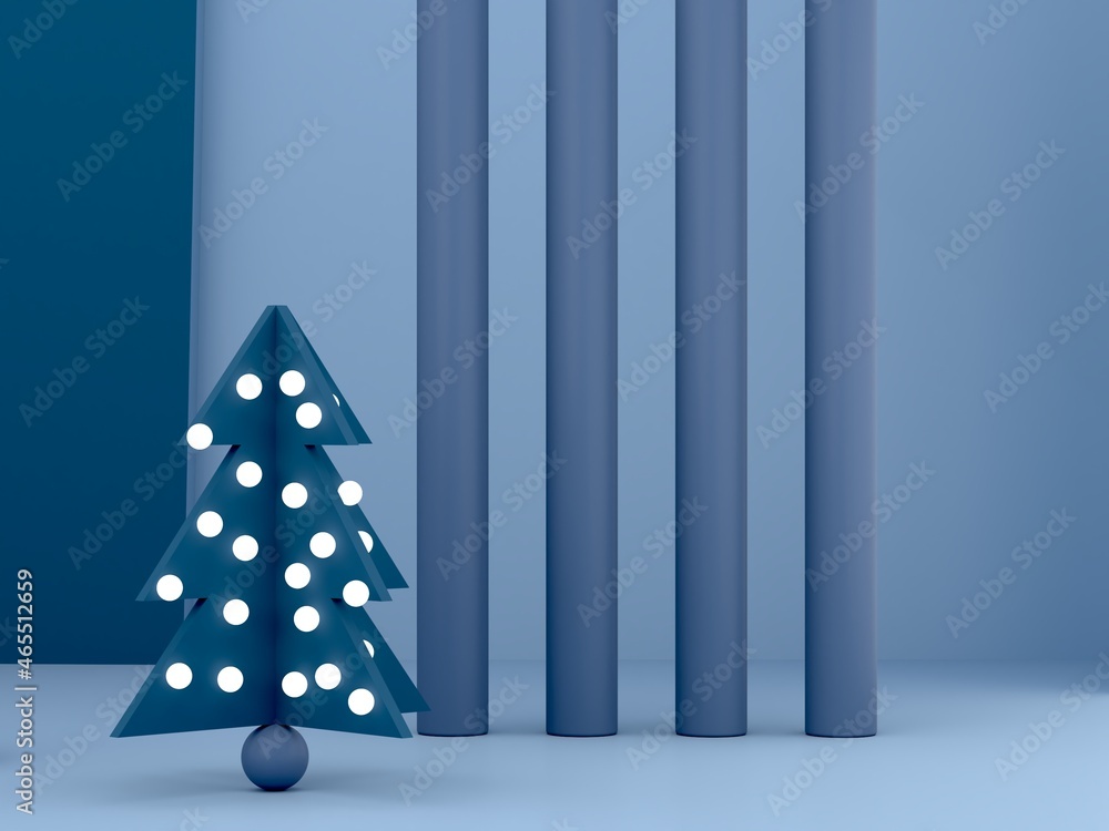 Poster minimal christmas scene with podium and tree on an abstract background. geometric shapes. blue color