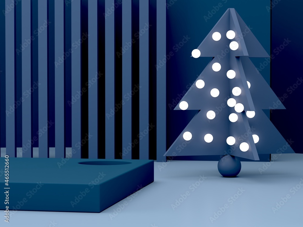 Poster minimal christmas scene with podium and tree on an abstract background. geometric shapes. blue color