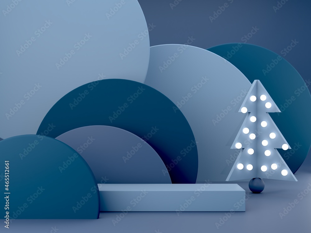 Poster minimal christmas scene with podium and tree on an abstract background. geometric shapes. blue color